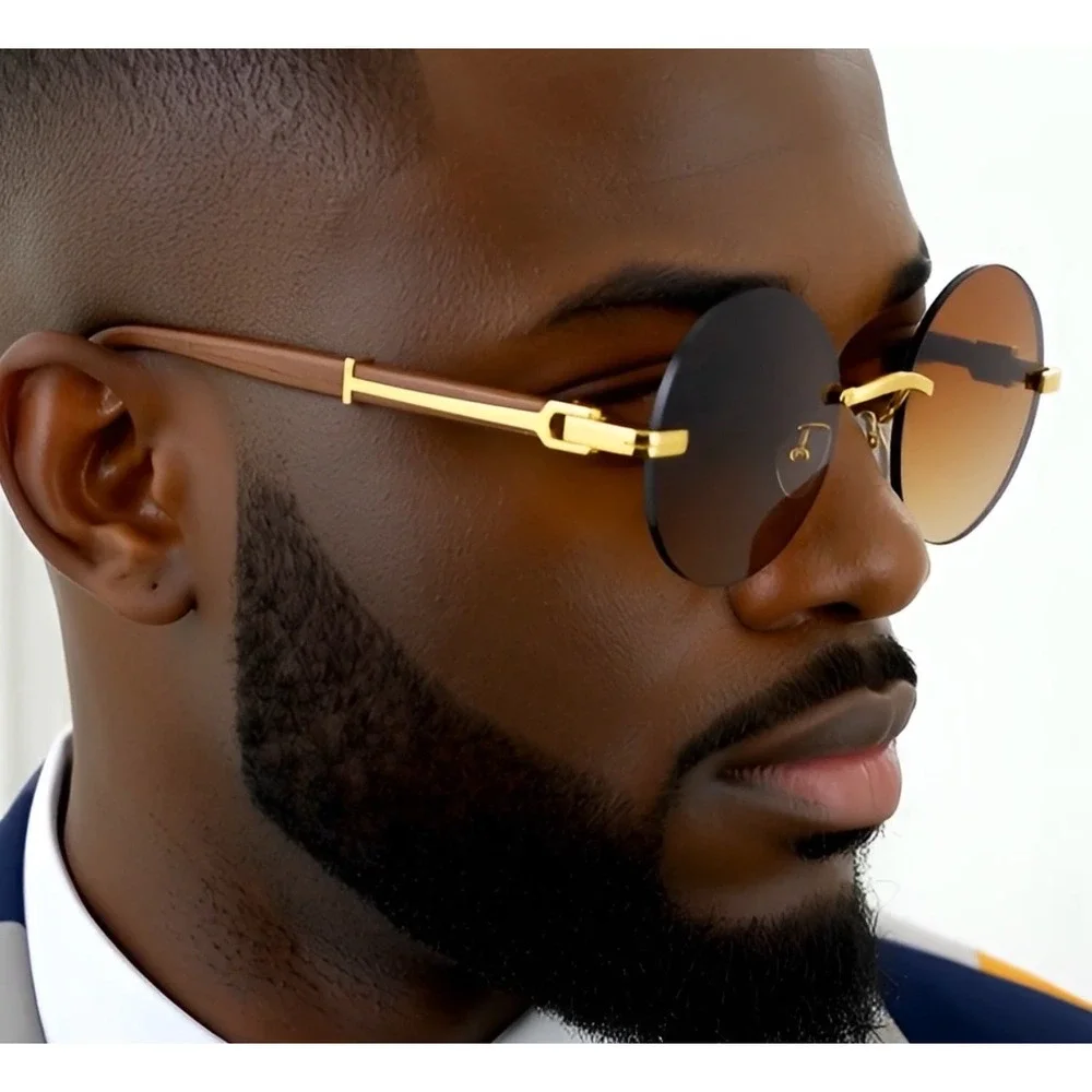 Hip Hop Sunglasses Wood Grain Arms Gold Accents Designer Style Street Wear Gafas